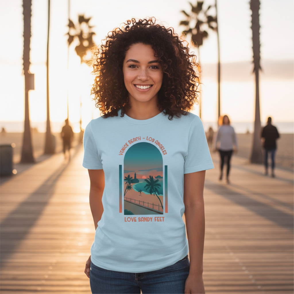 Surfing Unisex T Shirt With Venice Beach Sunset Scene Palm Trees And Love Sandy Feet