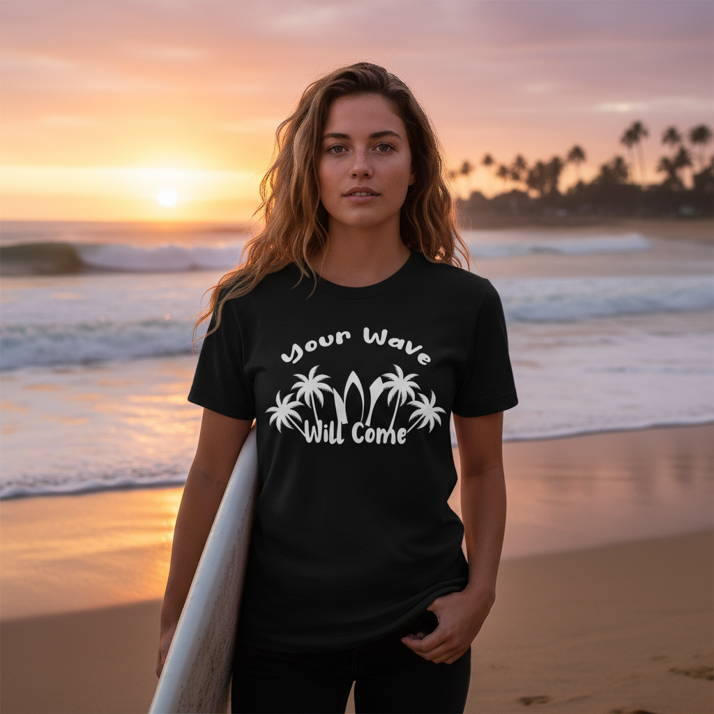 Your Wave Will Come Surf T Shirt With Palm Tree Graphic For Unisex Beachwear And Surf Fans