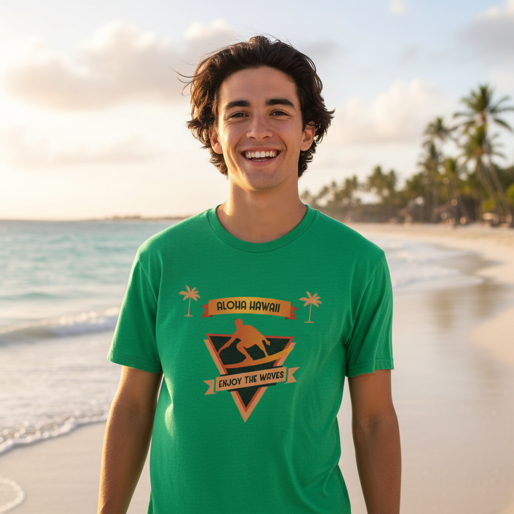 Unisex Surfing Graphic T Shirt With Aloha Hawaii Banner And Wave Surfer Emblem Design