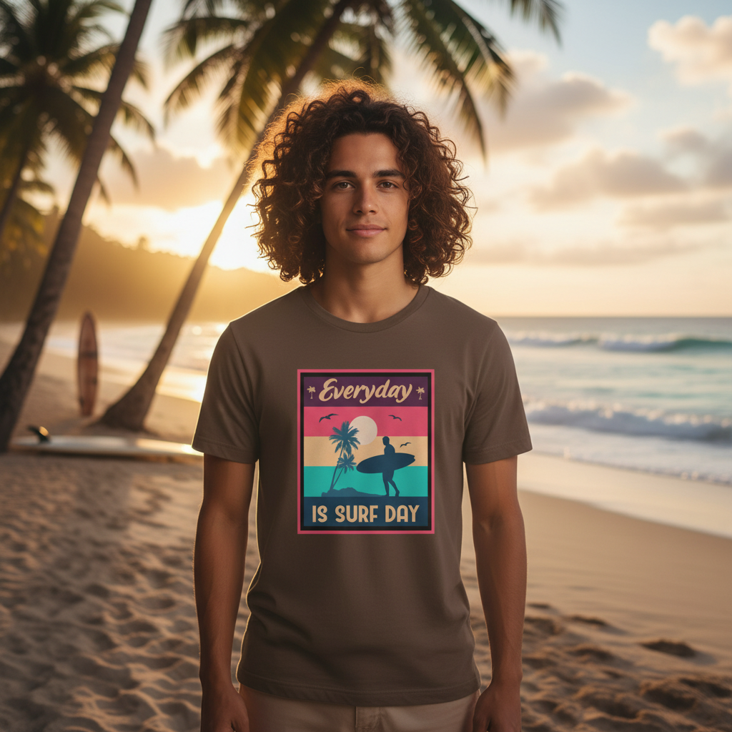 Everyday Is Surf Day Unisex Graphic Tee With Retro Sunset Beach Surfer Silhouette