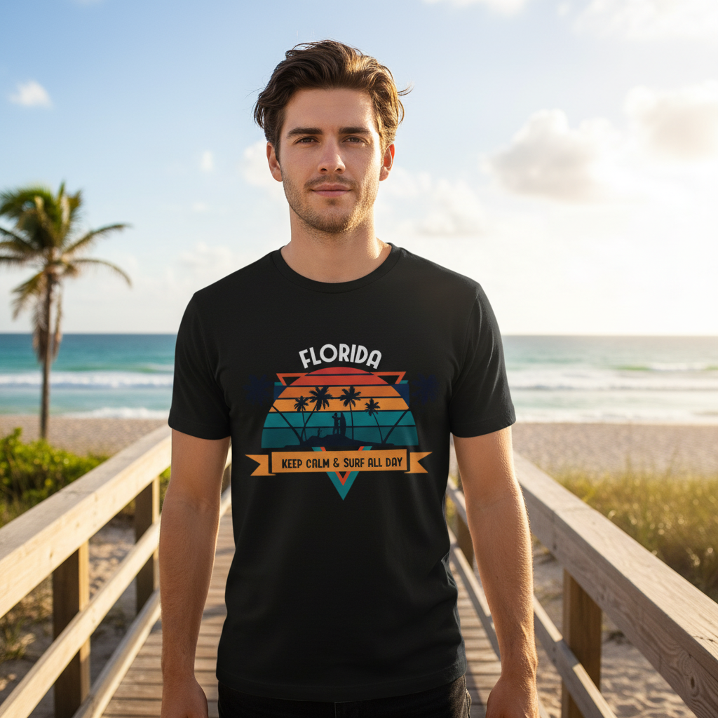 Florida Sunset Surf Graphic Tee Featuring Palm Trees And Keep Calm And Surf All Day Unisex