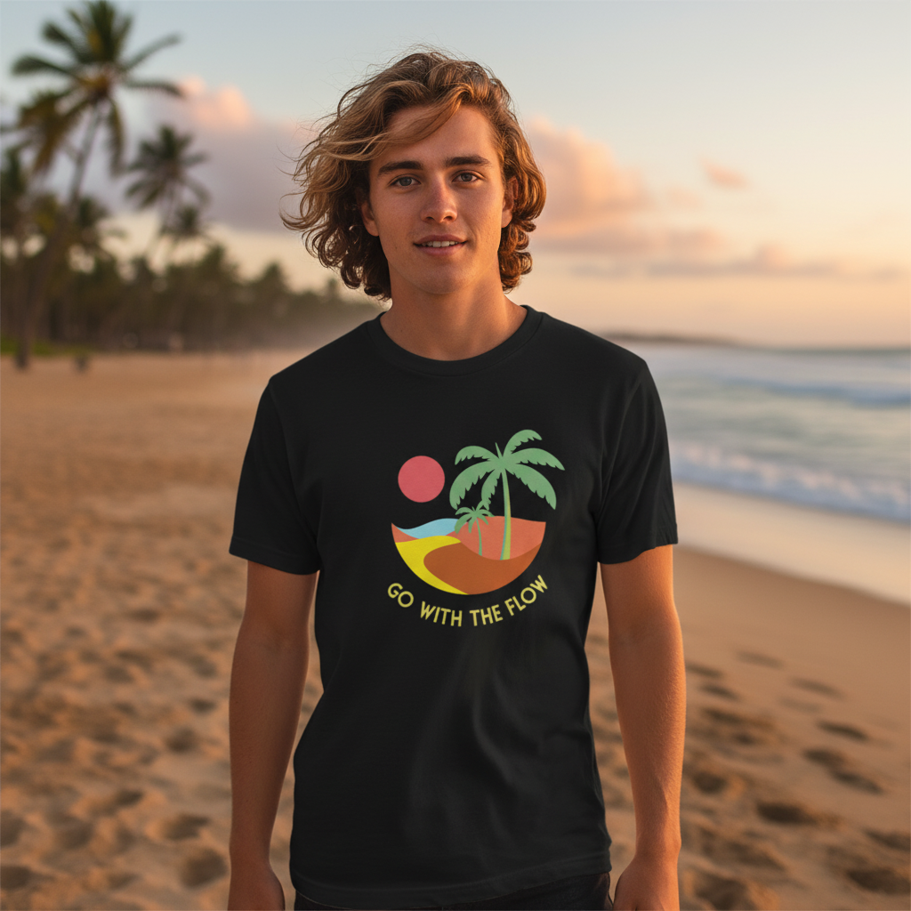 Go With The Flow Island Scene Graphic Tee For Unisex Surf And Beachwear Apparel Collection