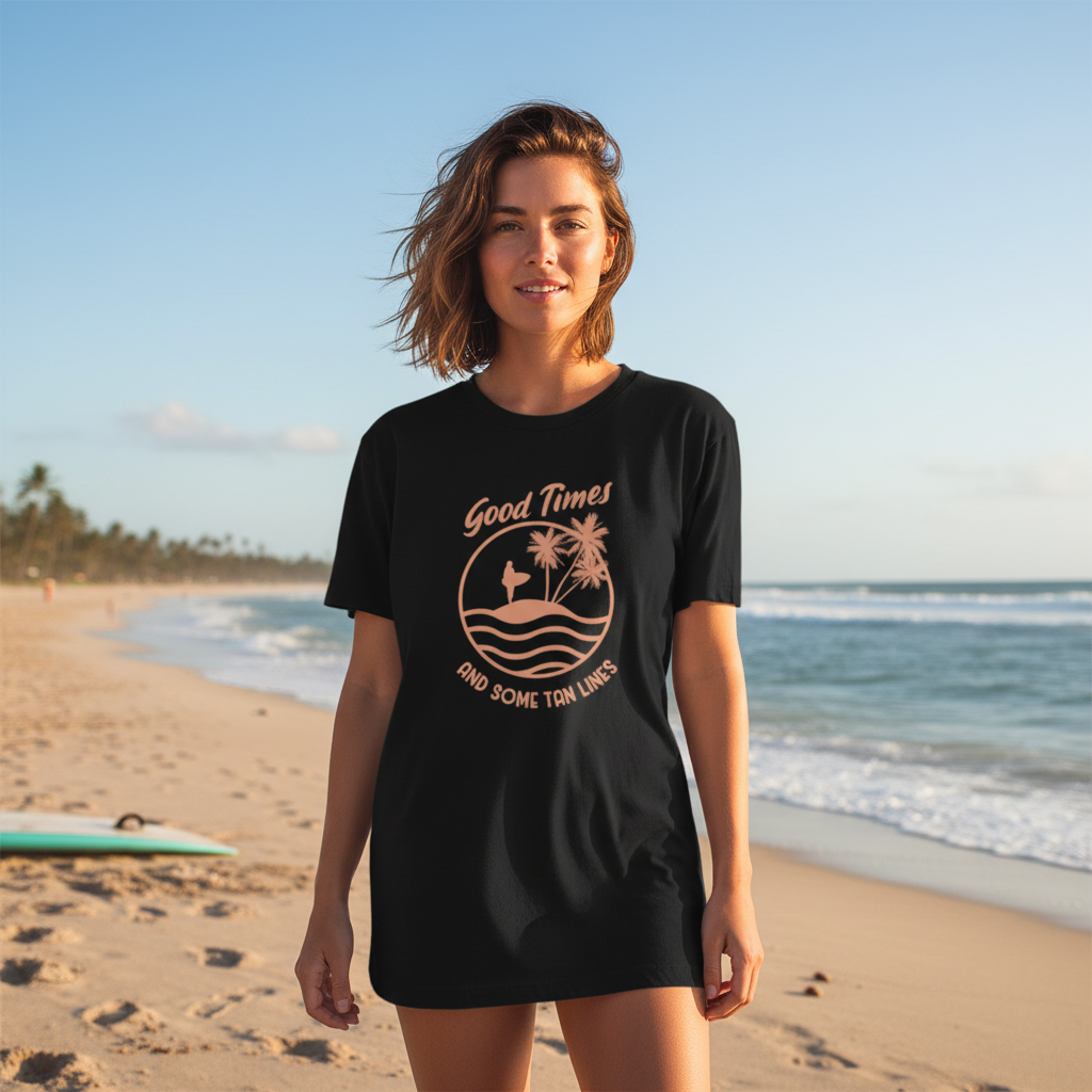 Surfing Themed Unisex Graphic Tee With Good Times And Some Tan Lines For Summer And Beyond