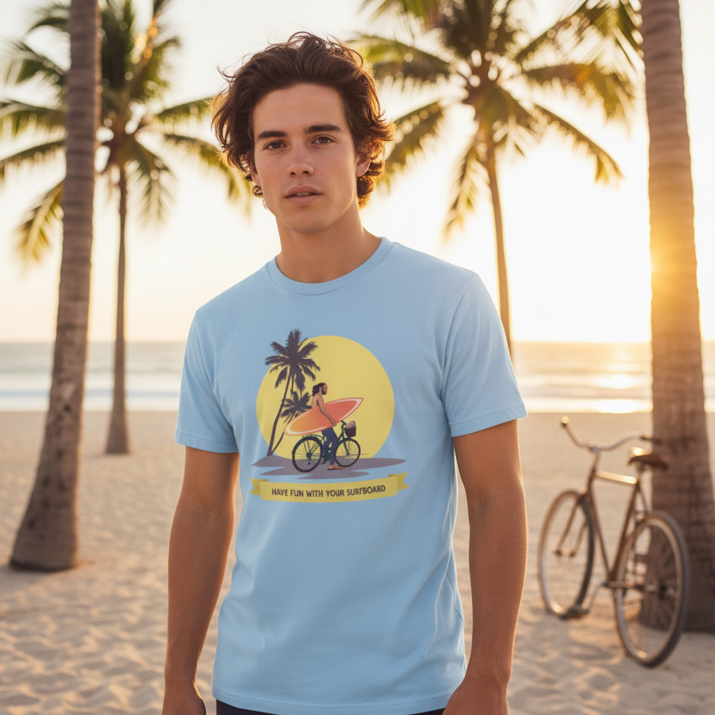 Unisex Surfing Graphic T Shirt With Palm Trees Sunset And Surfboard Illustration