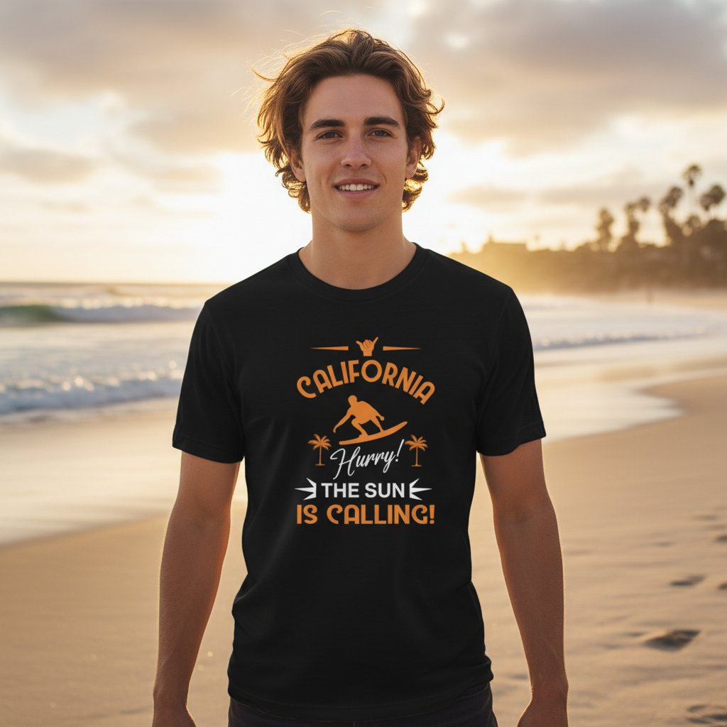 California Surfing Graphic Tee For Unisex Adults With Surfboard And Palm Design Print