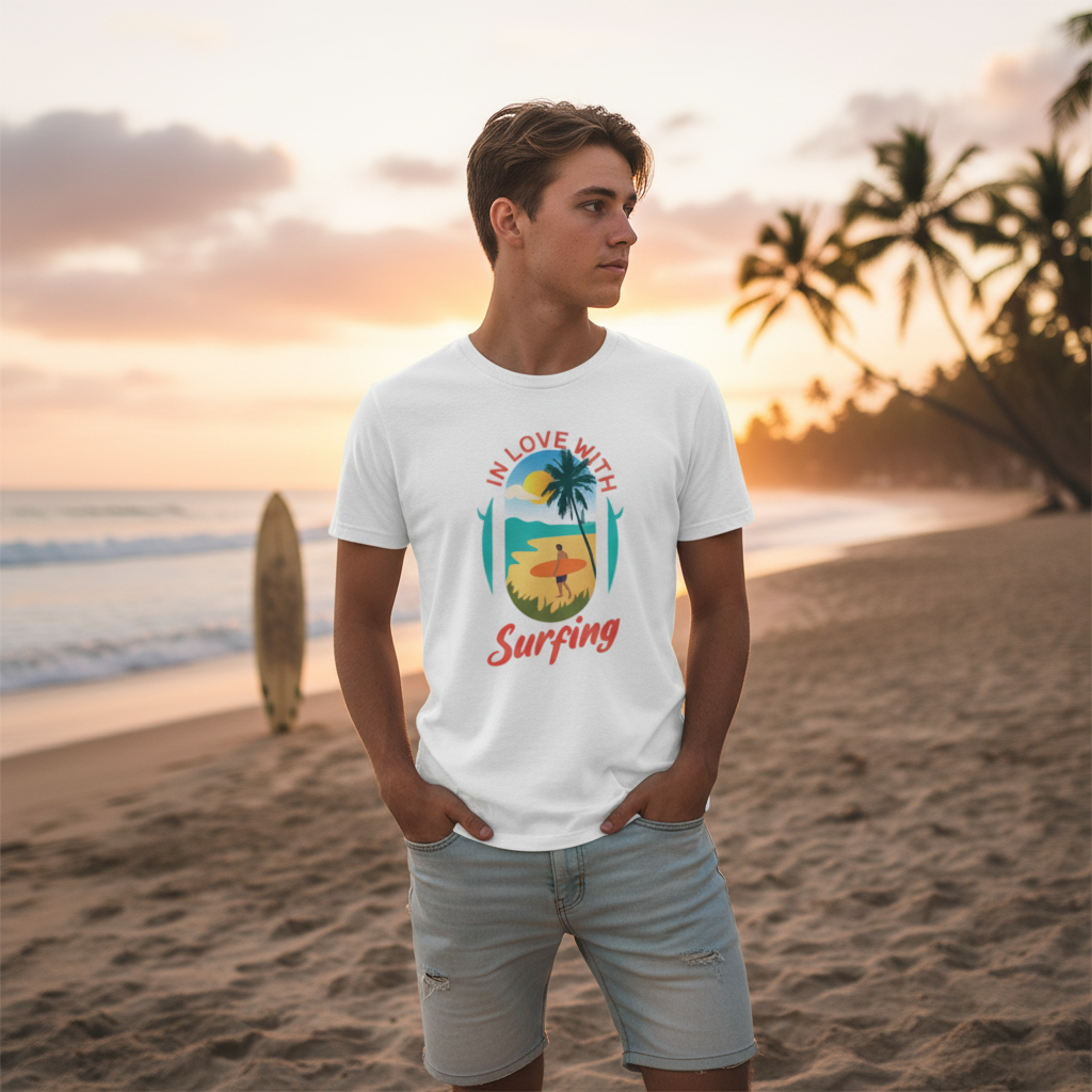 In Love With Surfing Graphic Unisex T Shirt Beach Scene Sunset Palm Design For Surf Lovers Worldwide