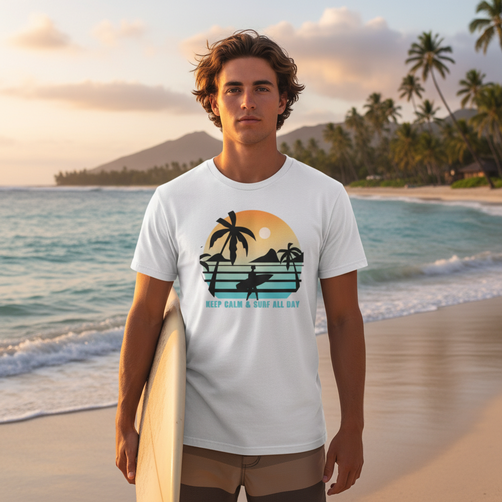 Unisex Sunset Surf Tee With Palm Tree Silhouette And Surfboard Graphic Keep Calm And Surf All Day