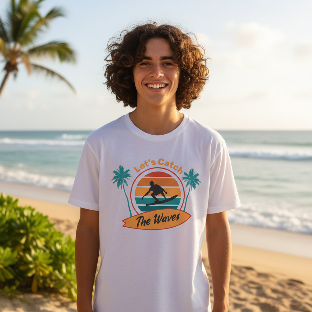 Unisex Surfing Graphic T Shirt With Retro Sunset Waves Palm Trees Design Ideal For Beach Lovers