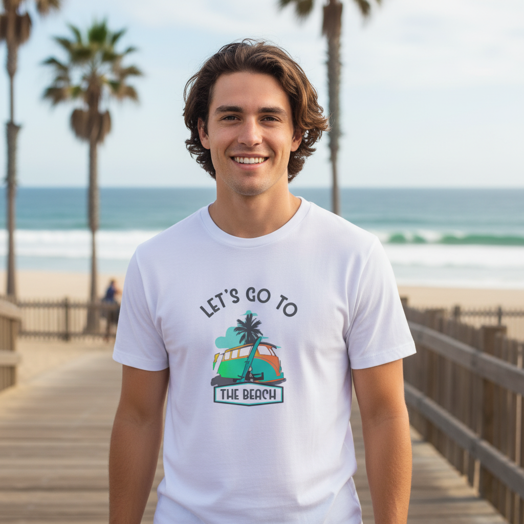 Let's Go To The Beach Surfing Graphic Tee With Palm Tree Sunset And Surfboard Artwork For Unisex