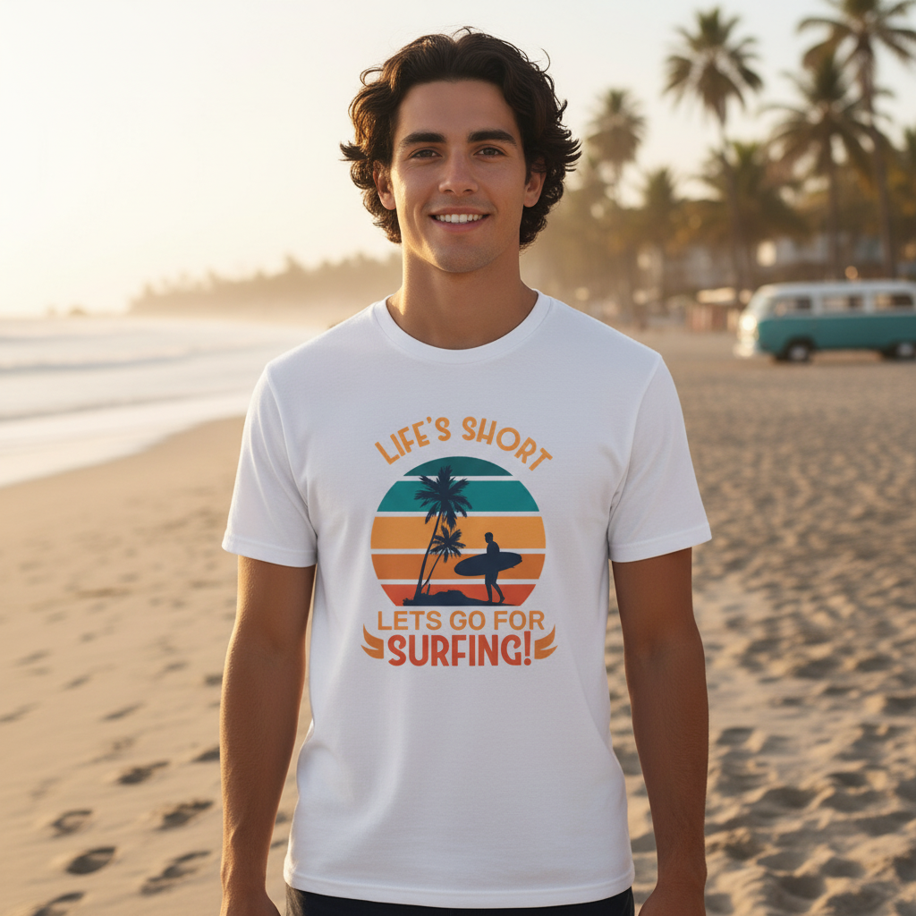 Surfing Theme Unisex T Shirt With Sunset Palm Tree Graphic Design For Beach Lovers