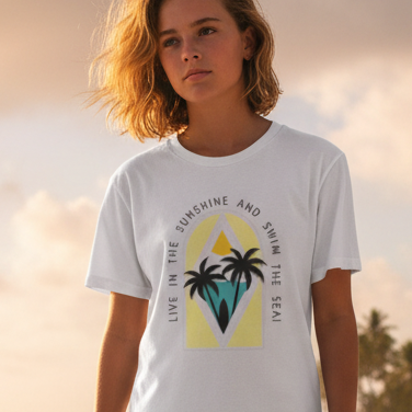 Surfing Graphic T Shirt For Men And Women With Palm Trees And Sunny Sea Scene Artwork