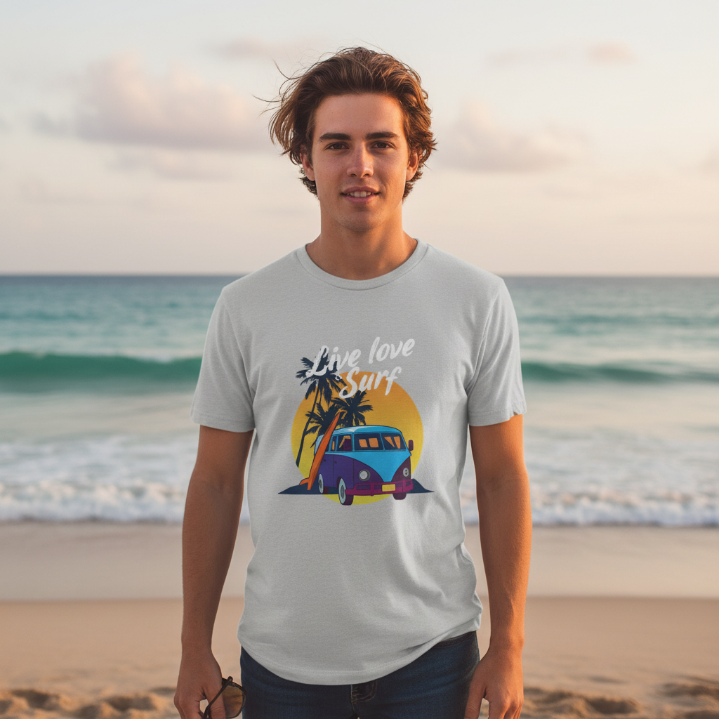 Unisex Surf Design T Shirt With Retro VW Van Palm Trees Sunset Background And Beach Vibe