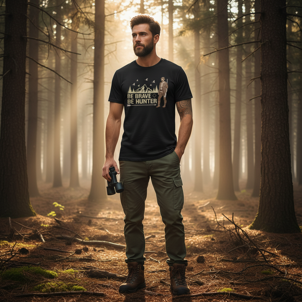 Be Brave Be Hunter Graphic Tee For Hunters Featuring Mountain Landscape, Trees And Hunter Illustration