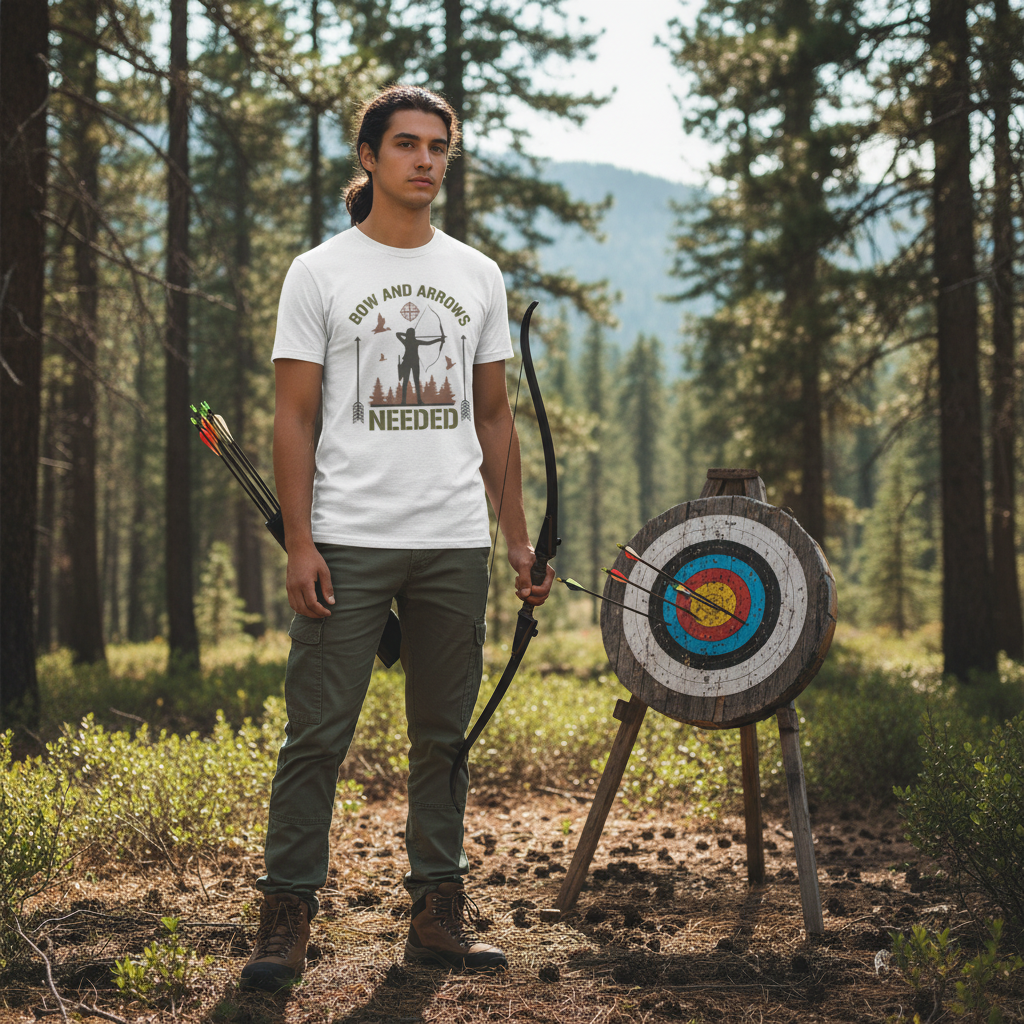 Hunting Archery Graphic Tee With Bow And Arrow Silhouette And Forest Scene For Outdoor Enthusiasts