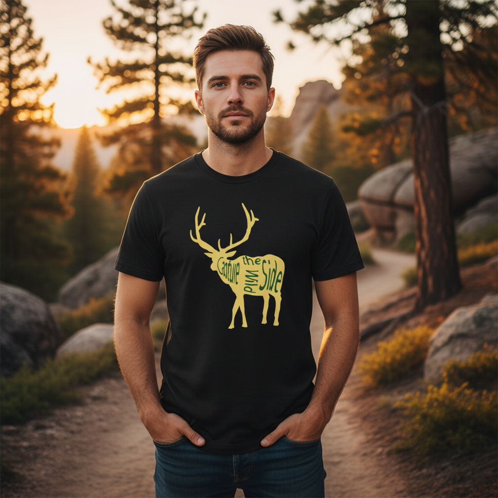 Unisex Hunting T Shirt With Yellow Deer Silhouette And Graphic Typography Design