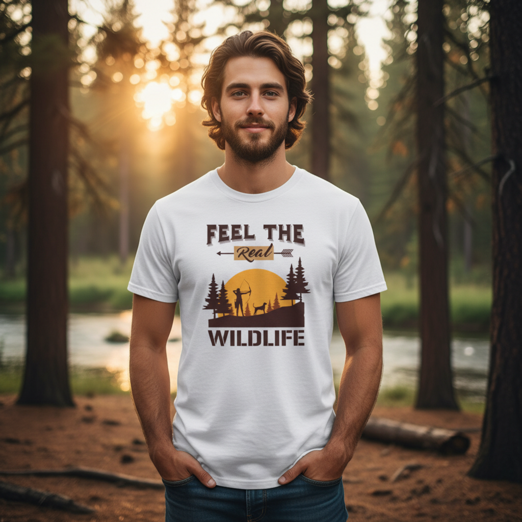 Feel The Real Wildlife Hunting Graphic Tee Unisex Sunset Archer Silhouette With Dog