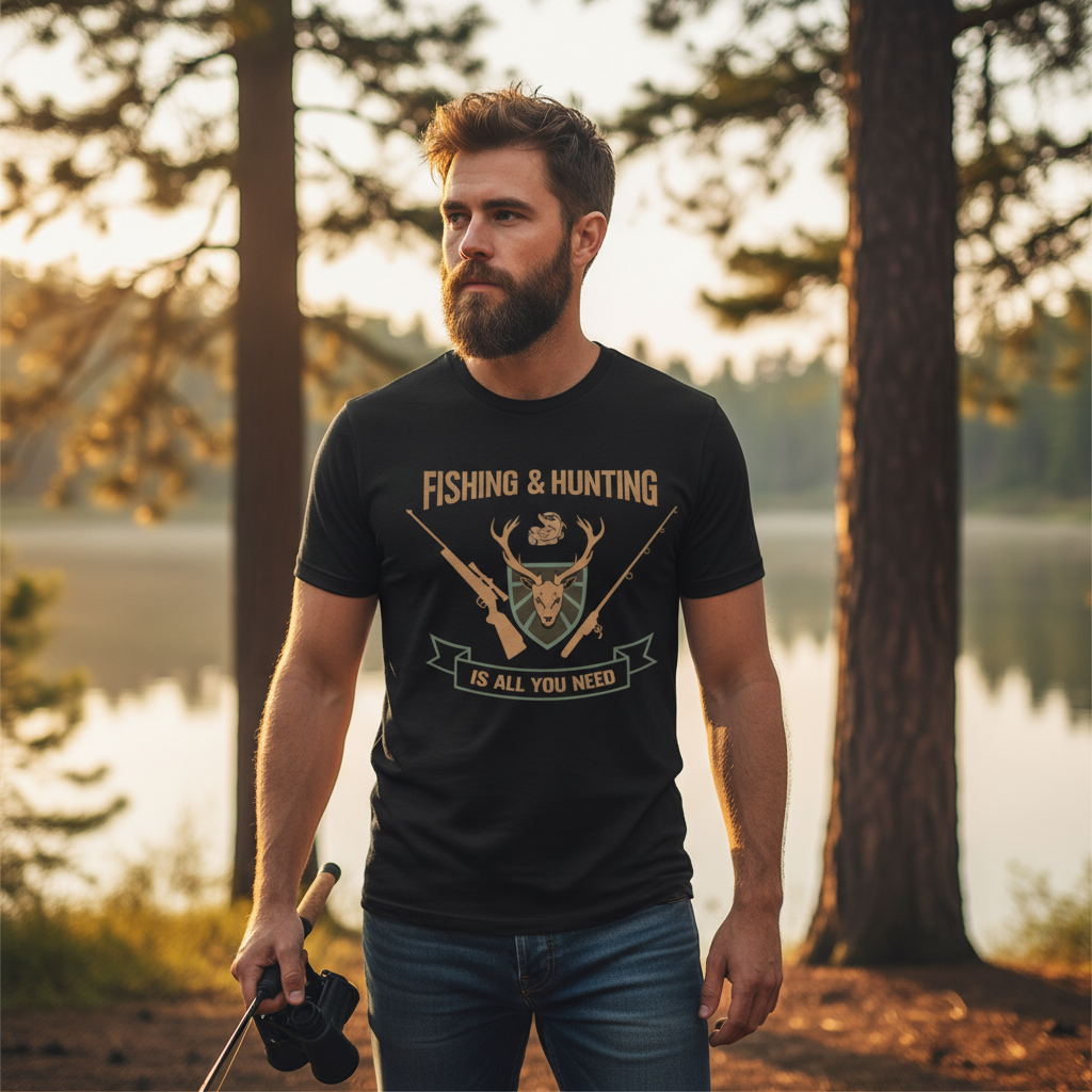Fishing And Hunting Graphic Tee With Deer Crest Shield And Crossed Rifles For Outdoors Enthusiasts