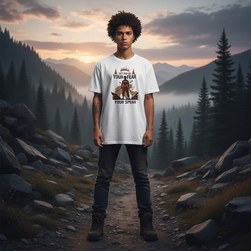 Hunting Graphic Tee With Silhouette Hunter Holding Spear In Forest Scene Artwork