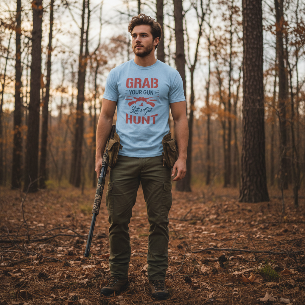 Hunting Themed Unisex T Shirt With Grab Your Gun Lets Get Hunt Graphic Tee Design