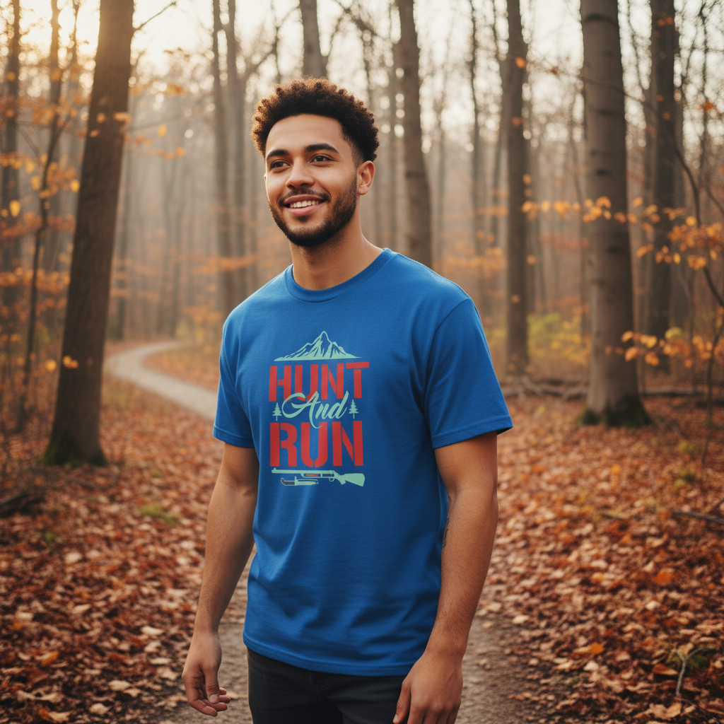 Hunt And Run Graphic Tee Featuring Mountain Landscape And Rifle Silhouette For Hunters