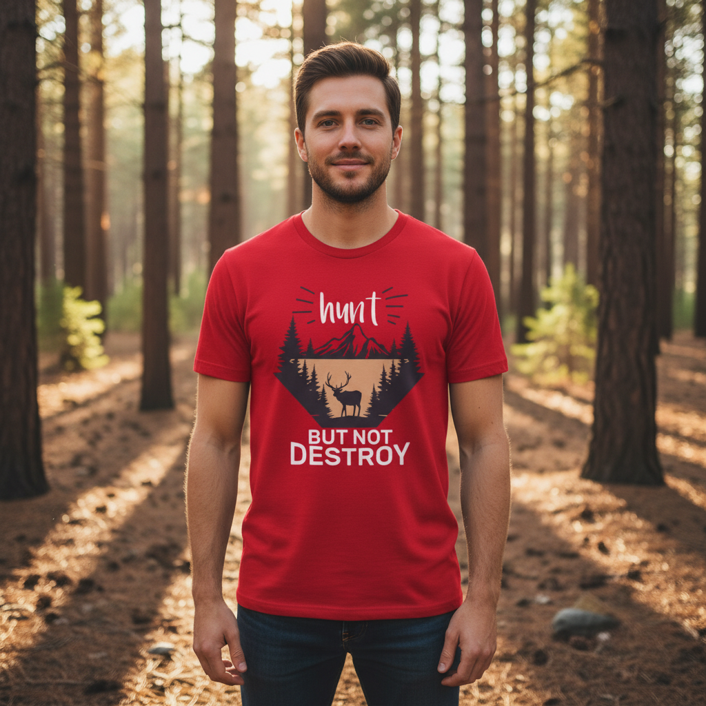 Hunting Graphic T Shirt With Deer Silhouette And Mountain Scene For Outdoors Enthusiasts