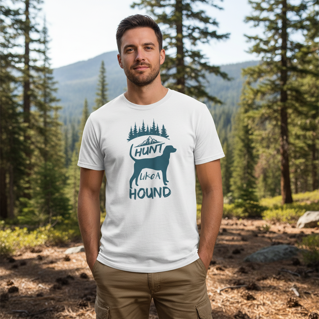 Hunt Like A Hound Graphic T Shirt With Mountain Scene And Pine Forest Artwork For Outdoors Fans