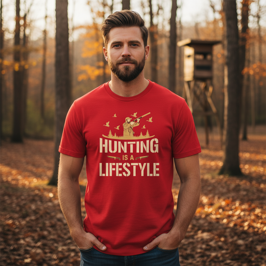 Hunting Is A Lifestyle Unisex T Shirt With Hunter Silhouette Birds Forest Scene Artwork