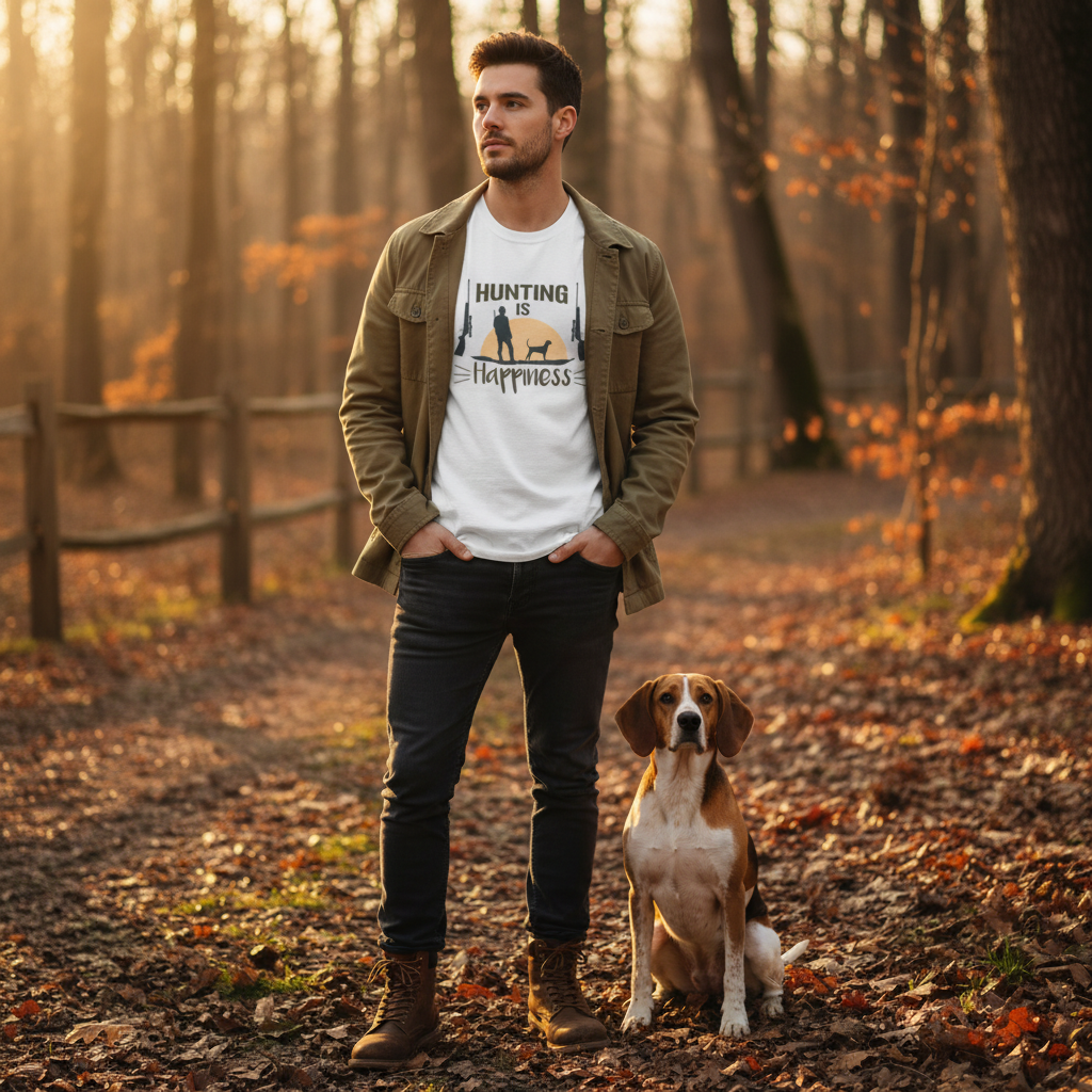 Hunting Is Happiness Unisex Graphic Tee With Hunter Silhouette, Dog, And Sunset Design