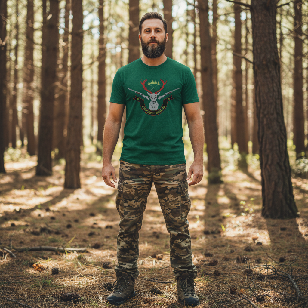Unisex Hunting Graphic Tee With Deer Crest And Crossed Rifles Reading Hunting Is Healing