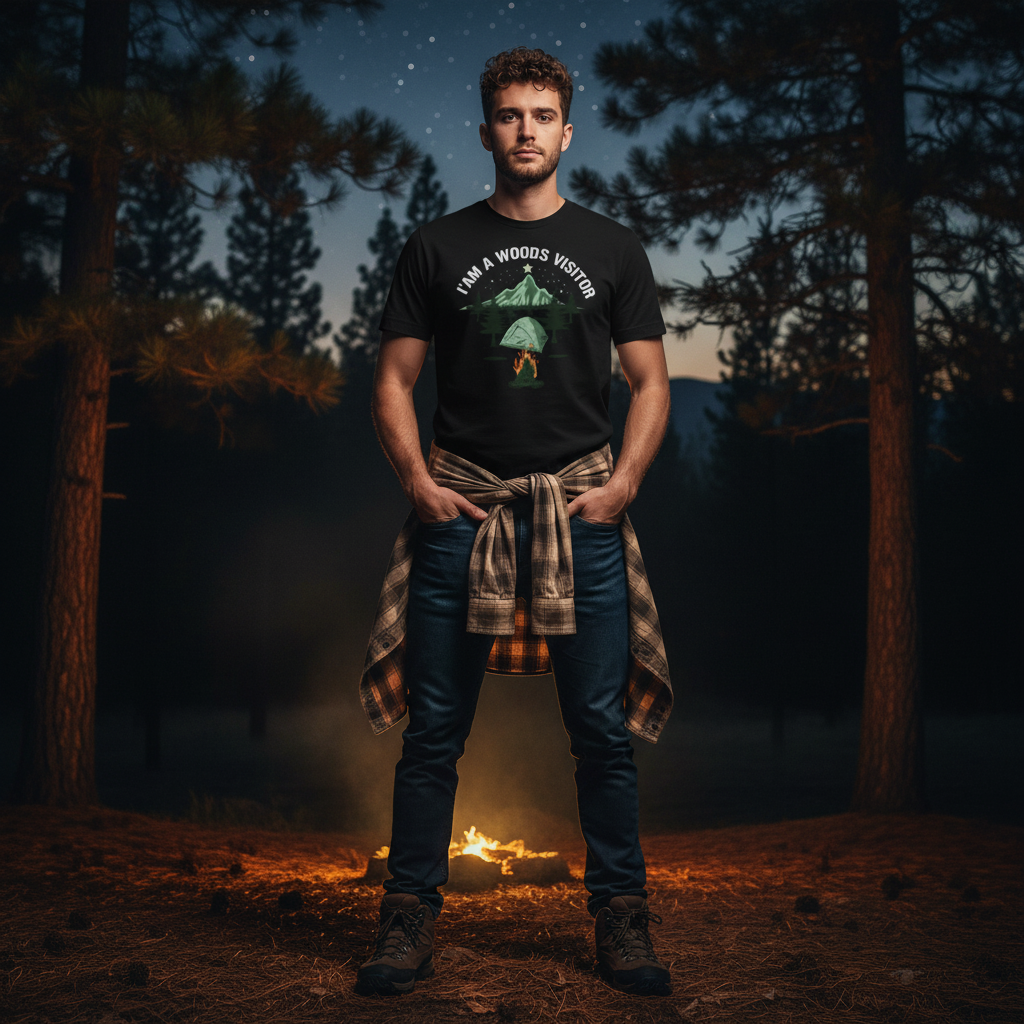 I Am A Woods Visitor Camping Tee With Tent Campfire And Mountain Forest Scenic Artwork
