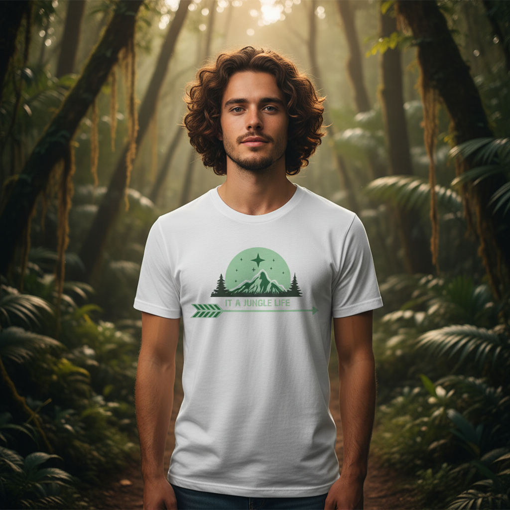 Unisex Graphic T Shirt With Mountain Jungle Scene And Arrow It A Jungle Life Text