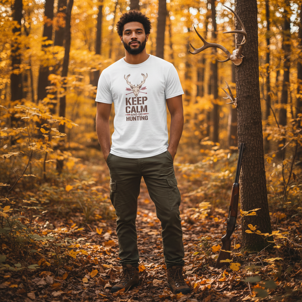 Unisex Hunting T Shirt With Deer Head Graphic And Keep Calm Theme For Outdoor Enthusiasts