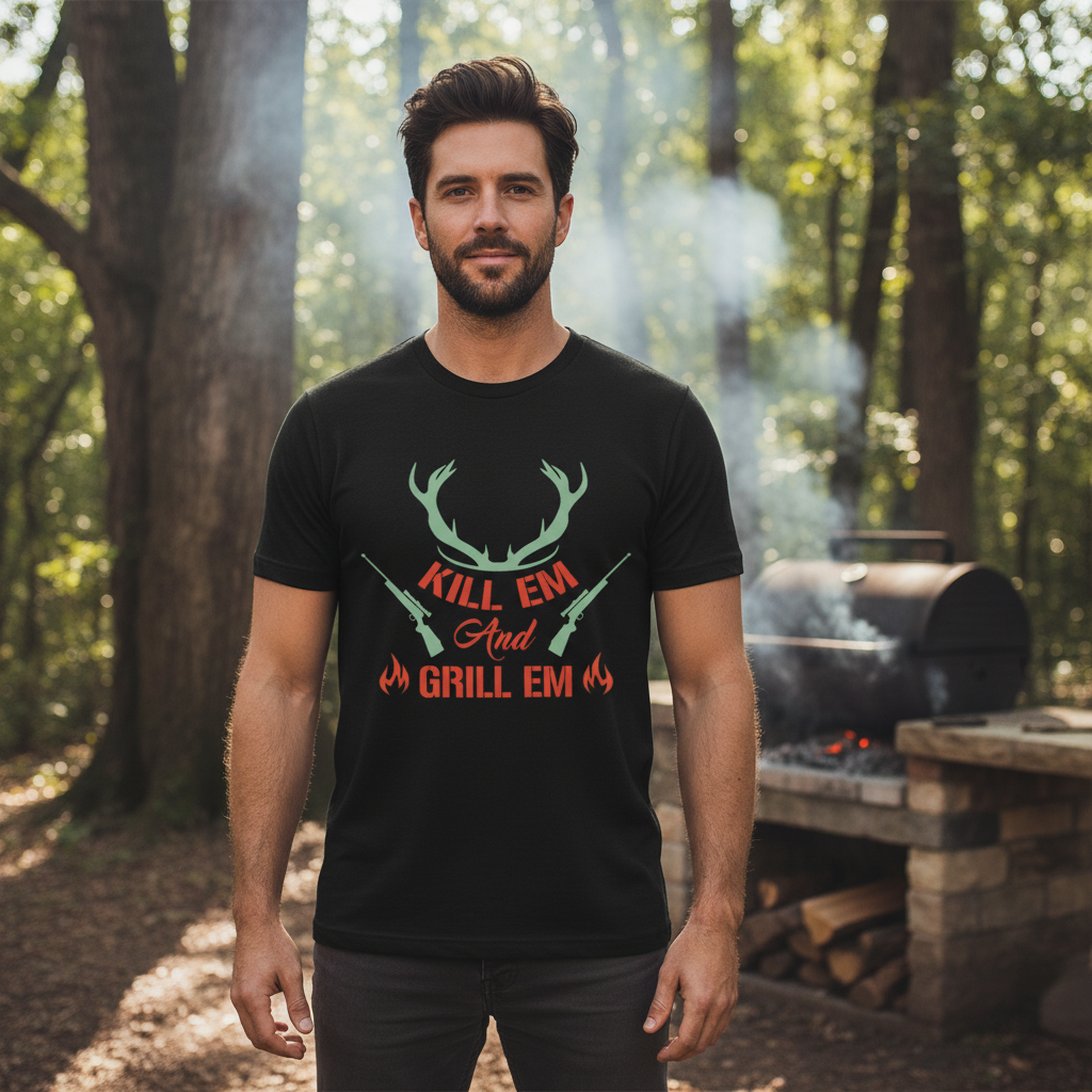 Hunting Unisex T Shirt Kill Em And Grill Em Design With Antlers And Rifles Graphic