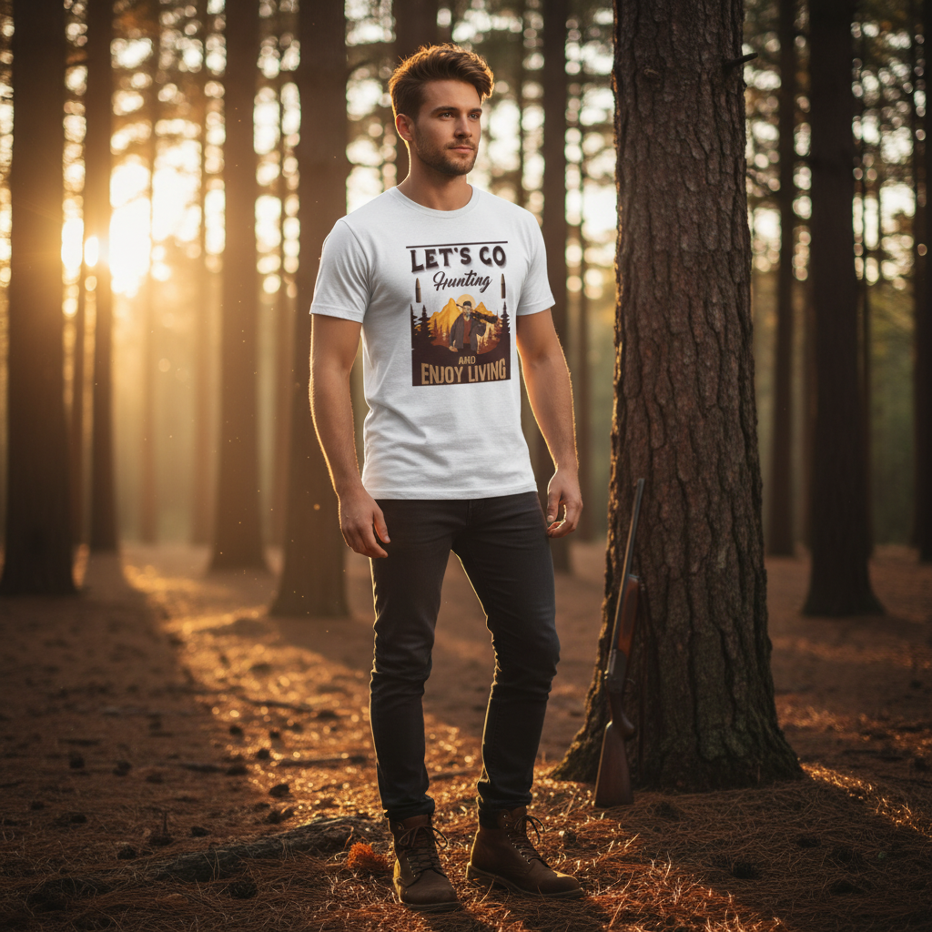 Hunting T Shirt With Outdoor Mountain Scene And Lets Go Hunting And Enjoy Living