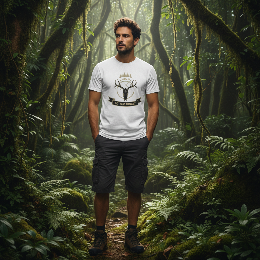 Unisex Hunting T Shirt With Deer Skull Graphic And Jungle Theme Emblem For Outdoor Adventure