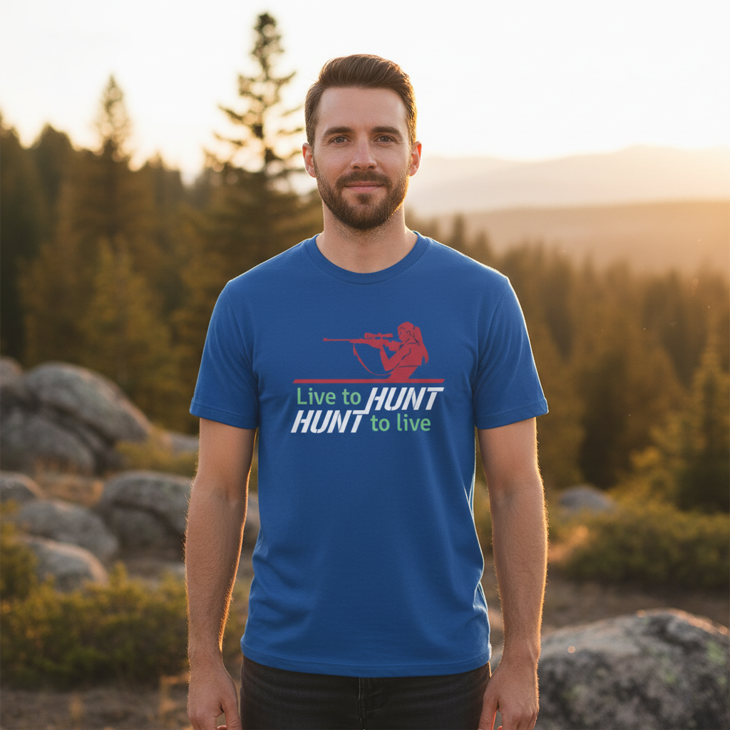 Unisex Hunting T Shirt With Rifle Scope Silhouette And Live To Hunt Slogan Graphic