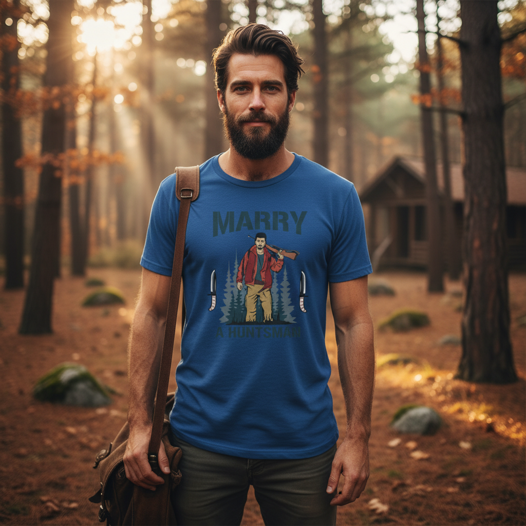 Marry A Huntsman Graphic Tee Unisex Hunting Themed Shirt With Forest Backdrop And Knife Motifs