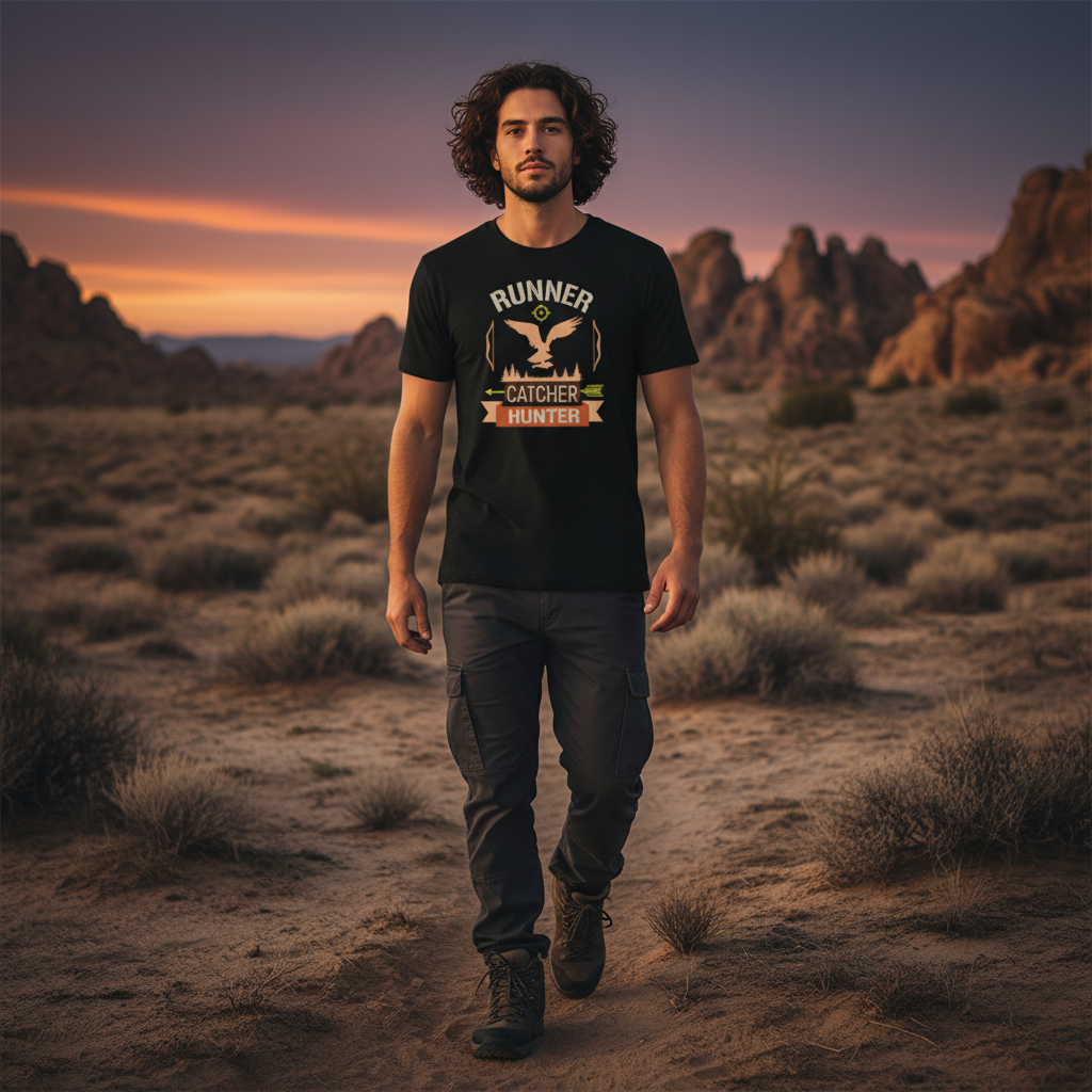 Unisex Hunting Graphic T Shirt With Eagle Emblem, Forest Silhouette, And Target Arrow Design