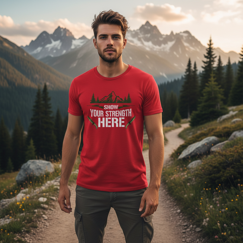 Hunting Unisex Graphic T Shirt With Mountain Scene And Knives Design