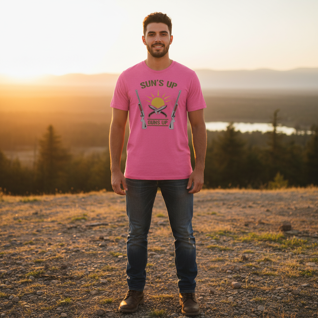 Sun's Up Guns Up Hunting Graphic T Shirt For Hunters And Outdoor Enthusiasts With Bold Vintage Design