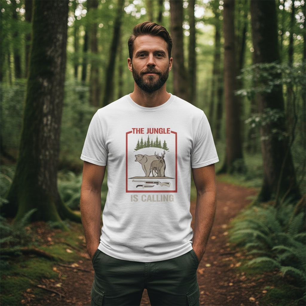Unisex Hunting T Shirt With Jungle Scene And Forest Border Bear And Deer Illustration