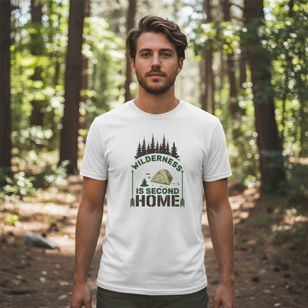 Wilderness Is Second Home Camping Graphic T Shirt With Tent And Forest Scene For Outdoor Enthusiasts
