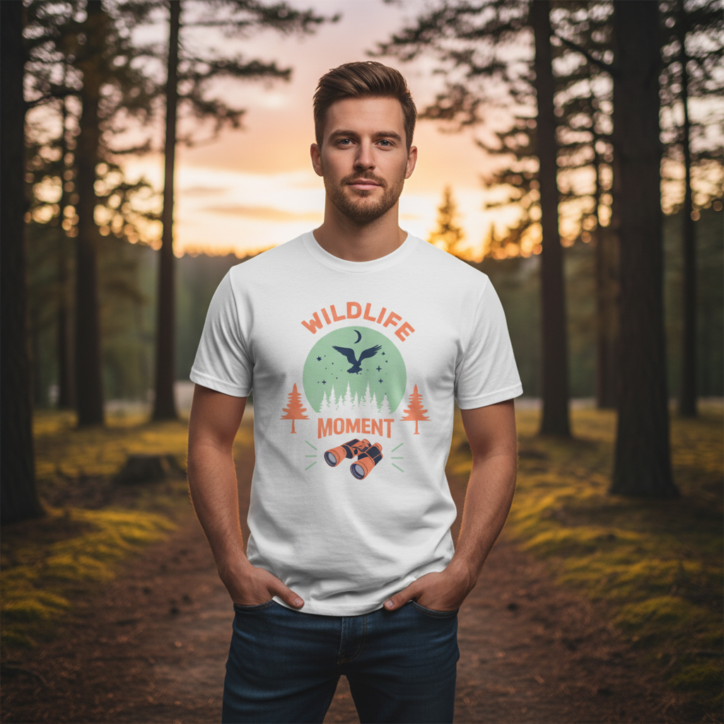 Wildlife Moment Graphic T Shirt With Bird In Flight Over Pine Forest And Binoculars
