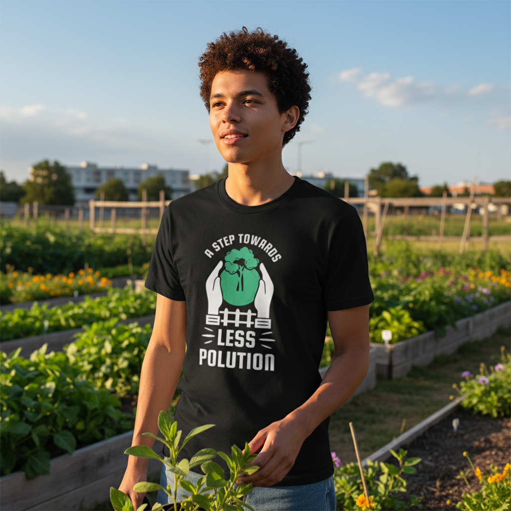 Unisex Gardening T Shirt With Plant Emblem And Message Promoting Less Pollution Everywhere