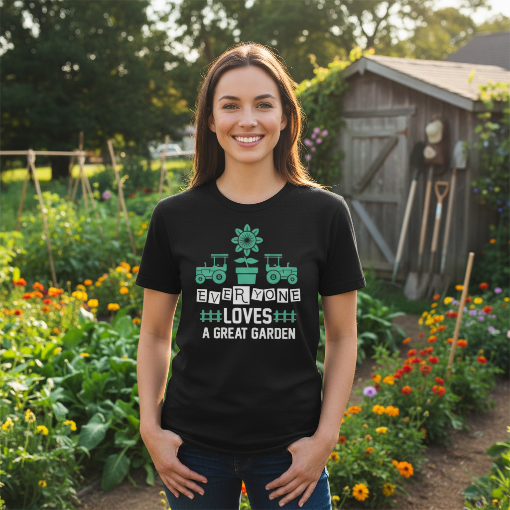 Everyone Loves A Great Garden Graphic T Shirt With Tractors And Mint Green Sunflower Pot Design