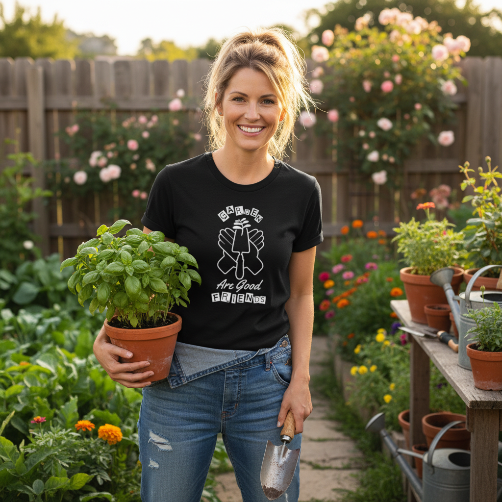 Gardening Are Good Friends Graphic Unisex T Shirt With Plant And Shovel Design For Garden Lovers