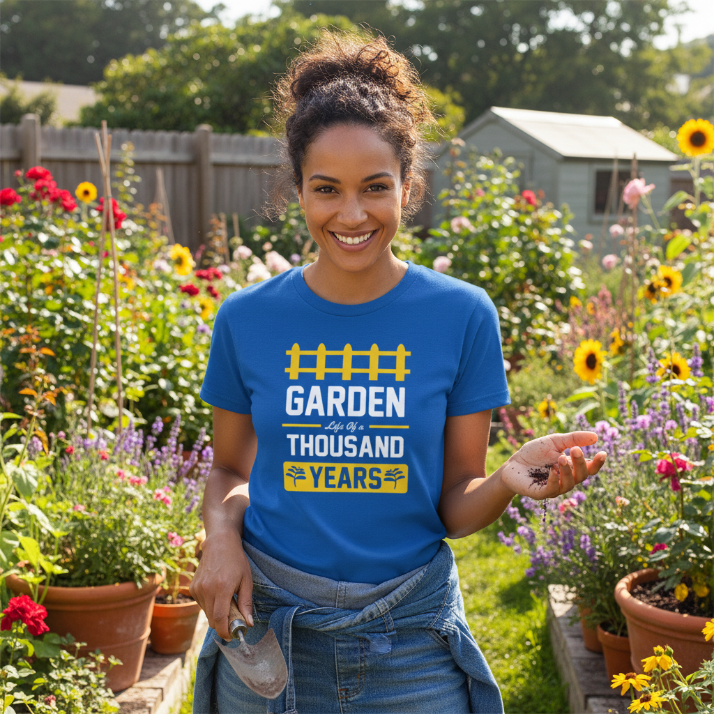 Garden Life Of A Thousand Years Unisex Graphic T Shirt With Fence Motif For Garden Lovers