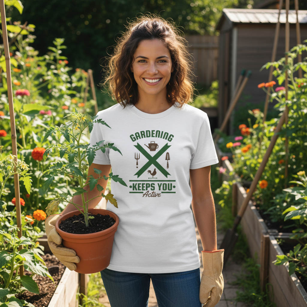 Gardening Keeps You Active Graphic T Shirt For Unisex Wear Featuring Green Crossed Tools Design