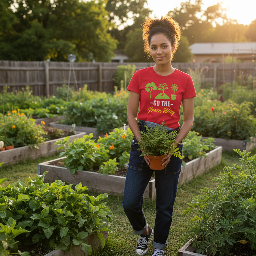 Gardening Unisex T Shirt With Go The Green Way Nature Inspired Plant And Sun Graphics Tee