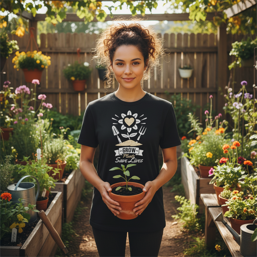 Gardening Themed Unisex T Shirt With Grow Plants Save Lives Botanical Illustration And Garden Tools